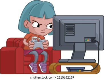 A Girl kid or child gamer playing video games on her console cartoon