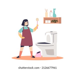 Girl kid cleaning toilet in bathroom. Small child help do housework at home. Children helping with household and housekeeping concept. Cartoon flat vector illustration