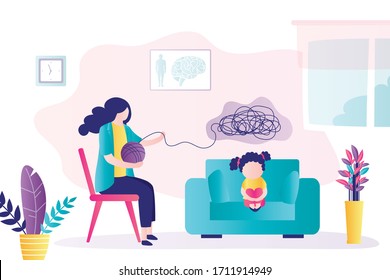 Girl kid at consultation with psychologist. Doctor is talking with teenager. Psychoanalysis, professional solves mental problems. Room interior. Female characters in trendy style. Vector illustration