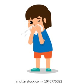 girl kid coughing because sick and fever. health care cartoon character concept vector illustration.