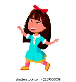 Girl Kid Dancing Rhythmic Energy Dance Vector. Asian Girl Performing Chinese National Dance On Festival Party. Beautiful Happy And Cheerful Character Performance Flat Cartoon Illustration