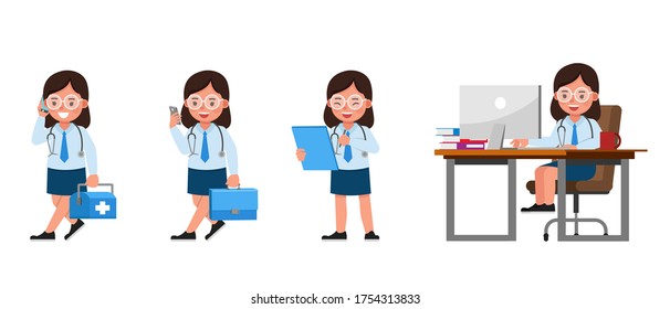 Girl kid doctor vector character design. Presentation in various action with emotions.