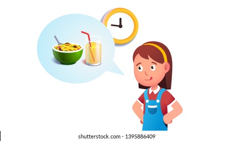 Girl Kid Dreaming To Eat Breakfast Concept. Imagining Noodles Food And Glass Of Juice. Hungry Child Waiting For A Morning First Meal With Tong Out Licking Lips. Flat Vector Character Illustration