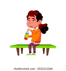 Girl Kid Drinking Soda Water On Park Bench Vector. Happy Asian Schoolgirl Drink Fruity Soda Water. Thirsty Character Infant Enjoyment Vitamin Beverage Outdoor Flat Cartoon Illustration