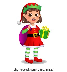 girl kid in elf dress with gift bag