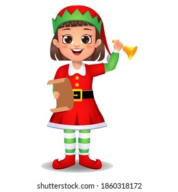 girl kid in elf dress with letter and ringing bell