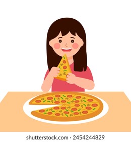 Girl kid enjoy eating pizza in flat design on white background.