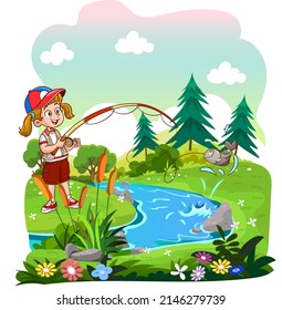 girl kid fishing in the river vector illustration