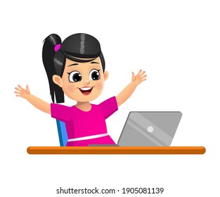 girl kid is happy by watching laptop vector