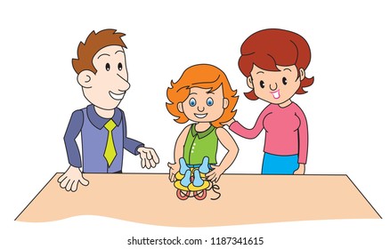 Girl kid happy getting pacifier gift from mom dad woman man husband wife