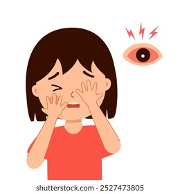 Girl kid having eye pain and red eye in flat design.