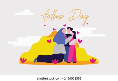 A Girl Kid with Her Mother mom are hugging together their dad father for celebrating world father's day with love in garden
