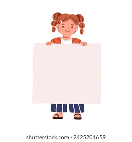 Niña sosteniendo una pancarta de papel en blanco. Niño lindo feliz que muestra el espacio vacío, tablero limpio para la publicidad, telón de fondo claro de la promoción en manos. Ilustración vectorial plana aislada sobre fondo blanco