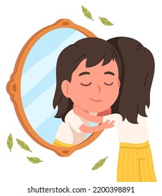 Girl kid hugging her mirror reflection in love. Happy child person embracing loving herself. Self acceptance, self-esteem, mental health care, confidence, psychology concept flat vector illustration