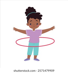 Girl Kid with Hula Hoop at Sport Lesson Vector Illustration