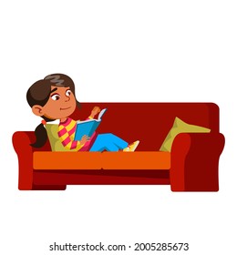 Girl Kid Laying On Couch And Reading Book Vector. Hispanic Preteen Lady Child Lay On Sofa And Read Educational Book. Character Infant Enjoying With Literature Flat Cartoon Illustration