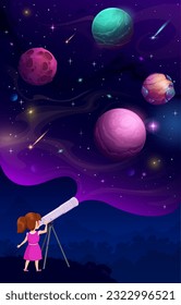 Girl kid looking through a telescope at starry night sky and space planets. Child filled with wonder and excitement explores the vast mysteries of the Universe, learn astronomy science, observe galaxy