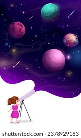 Girl kid looking through telescope in space at galaxy planets in starry sky, vector poster. Astronomy and planetary education or school poster with outer space planets, asteroids and meteorites in sky