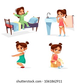 Girl kid morning routine vector cartoon illustration. Flat design of girl child waking up from sleep, washing and brushing teeth in bathroom toilet and doing morning exercises isolated characters