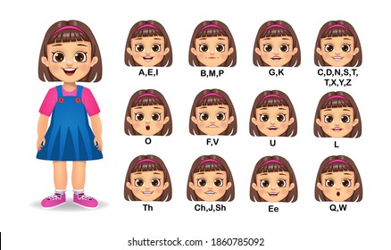 girl kid mouth animation and Alphabet pronunciation set vector