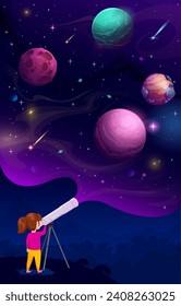 Girl kid at night looking through a telescope at galaxy space planets. Space exploration and astronomy science, kids education, knowledge and imagination vector concept with child observing galaxy