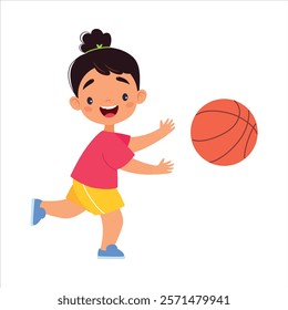 Girl Kid Play Basketball at Sport Lesson Vector Illustration