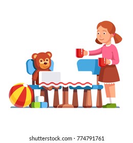 Girl kid play keeping house game serving toy table and chairs tea party with her teddy bear sitting. Girl holding teacups in both hands. Flat style vector illustration isolated on white background.