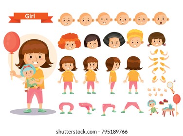 Girl Kid Playing Games And Toys Vector Cartoon Child Character Constructor Isolated Icons Of Body Parts And Face Emotions. Construction Set For Create A Young Girl Child Playing Doll