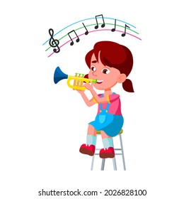 Girl Kid Playing On Trumpet In Orchestra Vector. Little Lady Sitting On Chair And Play On Trumpet Musician Instrument. Character Child Classic Music Player Flat Cartoon Illustration
