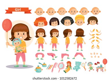 Girl kid playing toys vector cartoon child character constructor isolated icons of body parts, face emotions or gesture and haircut creation. Construction set of young girl child playing dolls