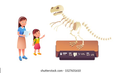 Girl Kid Pointing At Tyrannosaurus Rex Dinosaur Skeleton In Natural History Museum. Mother & Daughter Child Visiting Paleontology Museum Together. Parenting & Education Fun. Flat Vector Illustration