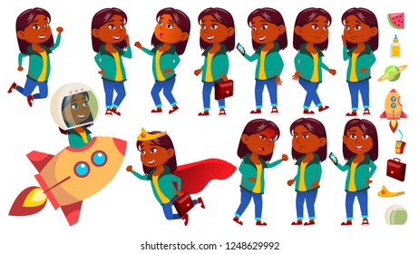 Girl Kid Poses Set Vector. Indian, Hindu. Asian. Primary School Child. Idea, Startup, Solution. Future. Expression, Happy Childhood, Positive Person. For Banner, Flyer, Brochure Design. Illustration