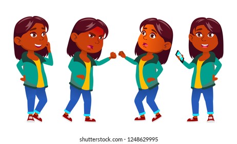 Girl Kid Poses Set Vector. Indian, Hindu. Asian. School Child.  Education. Young, Cute, Comic. For Presentation, Print, Invitation Design. Isolated Cartoon Illustration