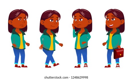 Girl Kid Poses Set Vector. Indian, Hindu. Asian. Primary School Child. Active, Joy, Leisure. For Advertisement,  Announcement Design. Isolated Cartoon Illustration
