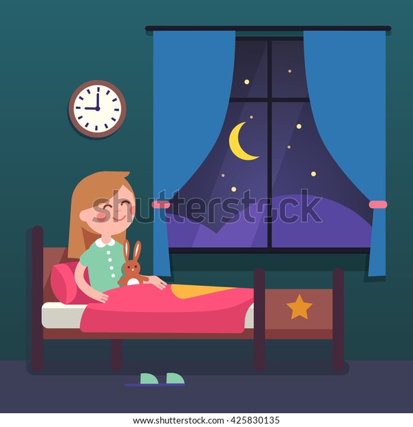 寝室で寝る準備をしている女の子 おやすみなさい 現代の平らなスタイルのベクターイラストのカートーンクリップアート のベクター画像素材 ロイヤリティフリー