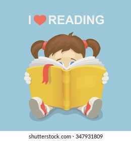 Girl kid reading a book. I love reading.  Literacy Day. Vector