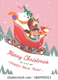 Girl kid riding down mountain slope on Merry Christmas themed sleigh with polar bear, reindeer, fox, rabbit carrying New Year fir tree. Funny animals holiday celebration adventure poster flat vector