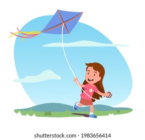 Niña corriendo, volando juguete de cometa sosteniendo una cuerda en el prado verde. Feliz niño jugando al aire libre en un día despejado. Esparcimiento infantil en temporada de verano climatología cálida ilustración vectorial plana