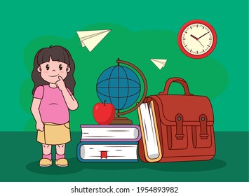 girl kid with school icons