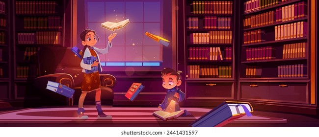 Girl kid in school magic library read book story illustration. Fantasy adventure concept in open fairy tale literature for boy cartoon background. Flying fun mystery education storybook in wizard home