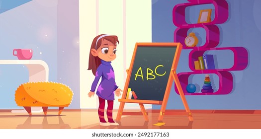 Girl kid in school room near blackboard vector. Kindergarten class for student. English lesson for child character write on board abc. Cute and smart preschool baby learning letter in playroom
