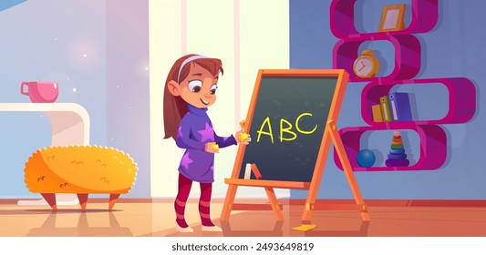 Girl kid in school room near blackboard vector. Kindergarten class for student. English lesson for child character write on board abc. Cute and smart preschool baby learning letter in playroom