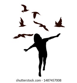 Girl kid silhouette imitate bird flying and birds flying