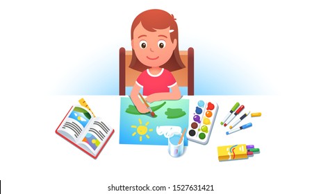 Girl kid sitting at table & painting summer picture using brush & paints. Painter student cartoon character reading textbook learning & mastering paint. Child art education. Flat vector illustration