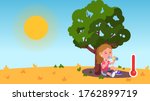 Girl kid sitting under tree hiding in shade drinking water from bottle on sunny summer day. Child thirsty from heat. Thermometer showing summer season hot weather temperature. Flat vector illustration