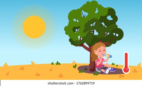 Girl kid sitting under tree hiding in shade drinking water from bottle on sunny summer day. Child thirsty from heat. Thermometer showing summer season hot weather temperature. Flat vector illustration