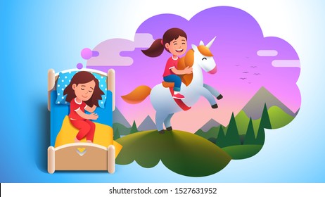 Girl kid sleeping in bed & dreaming about riding unicorn on meadow. Dream cloud with happy kid sitting on unicorn. Child lying in bed having good dream. Childhood fantasy. Flat vector illustration