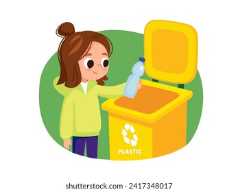 Girl, kid sorting waste, throw bottle into the garbage bin. Eco friendly recycling illustration. Child doing waste sorting. Environmental protection.