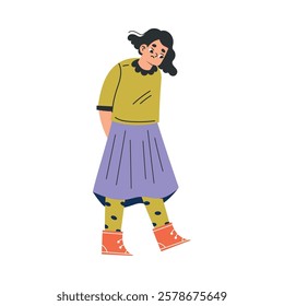 Girl Kid Stand Look Guilty and Confused Vector Illustration