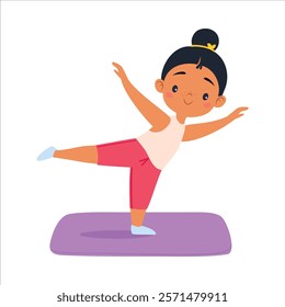 Girl Kid Stand in Yoga Asana on Mat at Sport Lesson Vector Illustration